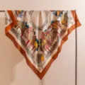 Luxury silk wool square scarf featuring classic equestrian carriage print and elegant orange border. - Red Brown Horse
