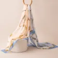 Blue satin silk scarf for women, elegant equestrian print design for spring and summer. - 176x110cm / Golden Chain Shadow