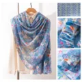 Blue floral print mulberry silk long scarf variant, elegant women neckerchief accessory. - Blue Tiny Floral