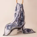 Blue floral print silk scarf, elegant satin neckerchief for women, chic four-seasons accessory. - 176x110cm / Ink Blue Blossom
