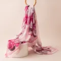 Pink floral silk scarf, lightweight sheer satin neckerchief, elegant women accessory. - 176x110cm / Rouge Purple Blossom