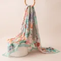 Women floral printed silk scarf spring summer elegant pastel design soft decorative neckerchief. - 176x110cm / Pink Green Watercolor Peony