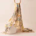 Women floral printed silk scarf elegant satin soft neck scarf spring summer fashion accessory - 176x110cm / Yellow Tone Watercolor Peony