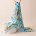 Blue Floral Silk Scarf Satin Spring Summer Women Fashion Elegant Decorative Neck Scarf - 176x110cm / Blue Tone Watercolor Peony