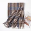Mujer moda bufanda de pata de gallo flecos acogedor otono invierno elegante chal - 65*200cm / Pata de Gallo Azul Café