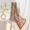 Lujo seda lana cuadrado pañuelo retro sello estampado elegante chal cálido cuello - 140x140cm / Borde Amarillo