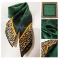 Green silk scarf with leopard print border and floral pattern, elegant women fashion accessory. - Green Frame Leopard Print