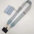 Blue wide bag strap with embroidered leaf pattern, detachable coin purse and phone tab accessory. - Gold Thread Light Blue With Gold Hooks Set