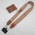 Wide bag strap with embroidered leaf pattern, detachable coin purse and phone tether tab. - Gold Thread Brown With Gold Hooks Set