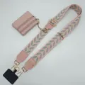 Pink embroidered wide bag strap with detachable coin purse and phone tether accessory. - Gold Thread Gray Pink With Gold Hooks Set