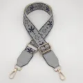 Vintage ethnic embroidered wide bag strap, adjustable crossbody replacement strap accessory. - Beige Blue Gray + Gray Leather