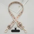 Ethnic style boho phone strap with adjustable metal buckle and secure tether tab for crossbody use. - White Brown Floral with T-Gasket