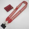 Red embroidered wide bag strap with removable coin purse and phone tether accessory for crossbody bags. - Gold Thread Red With Gold Hooks Set