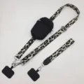 Leopard camo print phone crossbody lanyard with zipper pouch and adjustable wide strap. - Vertical Pouch / Silver Hook & Gasket Ring / Spotted Black Rice Green & Black Pouch