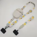 Correa de telefono celular floral ajustable con pequeno bolsillo con cremallera y parche. - Bolsa Blanco Roto (Estilo Vertical) Gancho Plateado + Anillo / Floral Blanco y Amarillo