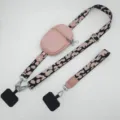 Leopard print crossbody phone strap with zipper pouch, adjustable wide lanyard and tether tabs. - Vertical Pouch / Silver Hook & Gasket Ring / Black Pink & Pink Pouch