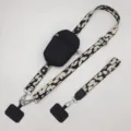 Leopard print phone lanyard with zipper pouch, adjustable wide strap and universal tabs. - Vertical Pouch / Silver Hook & Gasket Ring / Black Beige & Black Pouch