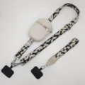 Leopard print phone crossbody strap set with zipper pouch and adjustable wide shoulder strap - Vertical Pouch / Silver Hook & Gasket Ring / Black Rice & Off-White Pouch