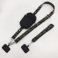 Camo print cross-body phone lanyard with zipper pouch adjustable wide strap universal use - Vertical Pouch / Silver Hook & Gasket Ring / Black Army Green & Black Pouch