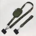 Detail view of the green tactical phone strap featuring a zippered pouch and camo sling. - Vertical Pouch / Silver Hook & Gasket Ring / Black Army Green & Army Green Pouch