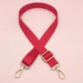 Gedetailleerd overzicht van de verstelbare rode nylon tassenriem met gouden hardware. - Rood