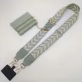 Wide replacement bag strap with embroidered leaf pattern, detachable coin purse and phone tether. - Gold Thread Matcha Green With Gold Hooks Set