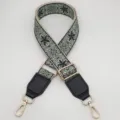 Retro ethnic embroidered wide replacement bag strap with adjustable metal hardware and leather ends - Beige Muted Green + Black Leather