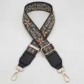 Correa de bolso ancha bordada de estilo étnico vintage, correa de repuesto ajustable para bolsos. - Gancho Plateado / Negro Marrón + Cuero Negro