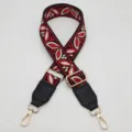 Tracolla di ricambio etnica jacquard con estremità in pelle PU e fibbie dorate regolabili. - Base Nera Rosso + Pelle Nera