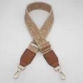 Correa de hombro étnica bordada de repuesto para bolso con herrajes metálicos ajustables. - Gancho Plateado / Beige Albaricoque Marrón + Cuero Marrón