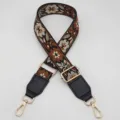 Correa de bolso étnica vintage de jacquard, bandolera ajustable de repuesto con herrajes dorados. - Gancho Plateado / Negro con marrón + cuero negro