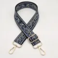 Correa de bolso tejida de repuesto, bandolera ajustable de lona paisley azul con herrajes dorados. - Gancho Plateado / Fondo Negro Blanco Azul