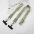 Leaf pattern gold thread phone strap with patches and adjustable buckle for crossbody use. - Long + Short Style / Matcha Green