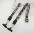 Leaf pattern mobile phone strap with gold hardware, stylish anti-lost tether for bags and phones. - Long + Short Style / Beige Black