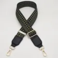Courroie de sac tissée à carreaux vert et noir, bandoulière réglable pour sac à main. - Crochet en Argent / Base Noire Vert Armée + Cuir Noir