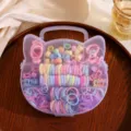 Kids hair tie set in cute cat storage box with colorful elastics and mini clips for girls. - Kitten Boxed