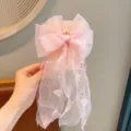 Schattige roze mesh strik haarspeld met lange linten, prachtig haaraccessoire voor meisjes. - Roze Strik Met Lint
