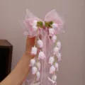 Grote roze strik haarspeld met zoete bloemen en parelkwastjes voor elegante meisjes. - Roze Lelietje-van-dalen Strik Haarspeld