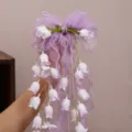 Grote paarse strik haarspeld met elegante bloemen en parels voor dames en meisjes. - Paarse Lelietje-van-dalen Strik Haarspeld