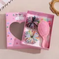 Dettaglio della confezione regalo rosa con elastici colorati, spazzola e piccoli fermagli. - Set Pettine ed Elastici Rosa
