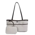 Sac cabas en toile pour femme, sac à épaule décontracté avec pochette et bordure en cuir. - Blanc