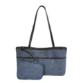 Sac bandoulière en toile décontracté avec bordure en cuir marron et petite pochette. - Bleu
