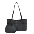 Sac cabas en denim décontracté pour femme, sac à main bandoulière élégant avec petite pochette. - Noir