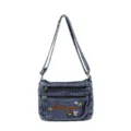 Cute denim messenger bag with multi compartments, cat embroidery and adjustable strap for women. - Blue