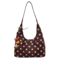 Brown polka dot hobo shoulder bag vintage casual purse with cute hanging charm for daily wear - With Pendant / Coffee