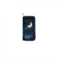 Close-up detail of long zipper wallet featuring starry night sky moon and pine trees pattern. - Night Sky Crescent Moon