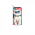Long zippered wallet featuring a cool cat print design, premium PU leather clutch purse for women. - White Cat with Sunglasses