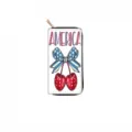 American flag theme long zipper wallet with cute cherry and bow print, stylish clutch purse for women. - America Cherry