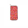 Detail shot of long PU zip wallet with colorful butterfly print and gold zipper pull. - DX2605A