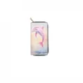 Close-up view of the long zipper wallet showcasing the vivid pink dolphin and sunset ocean print. - Ocean Dolphin